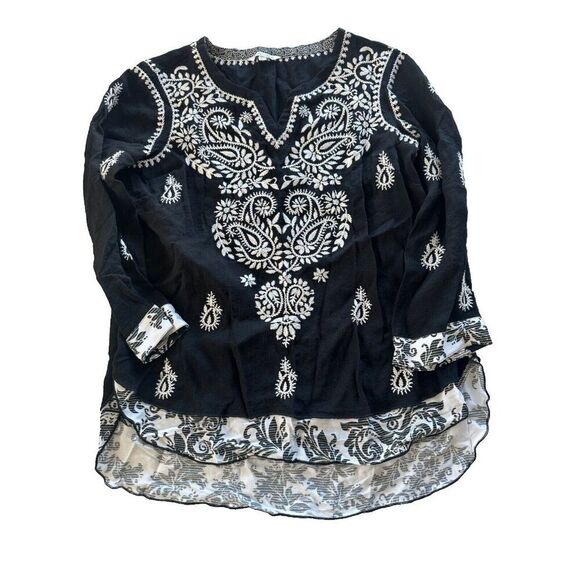 John Mark Women's XS Black and White Boho Embroidered Tunic Blouse Top - Picture 1 of 7